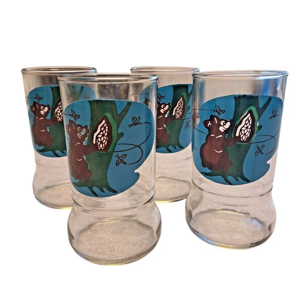 Vtg Sue Bee Honey Juice Glasses SET OF 4 BEAR HONEY BEES 5" Kids Drinking Glass - Picture 1 of 7